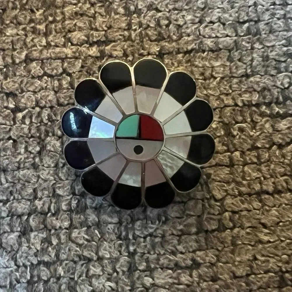 Zuni Sunface Sterling Silver Inlay Pendant Brooch Pin Mother of Pearl EDS Signed